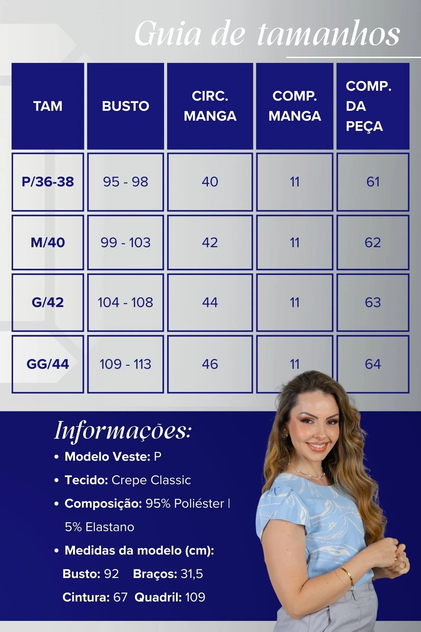 Blusa Manga Curta Transpassada Estampada em Crepe Classic Simone Azul - Image 3