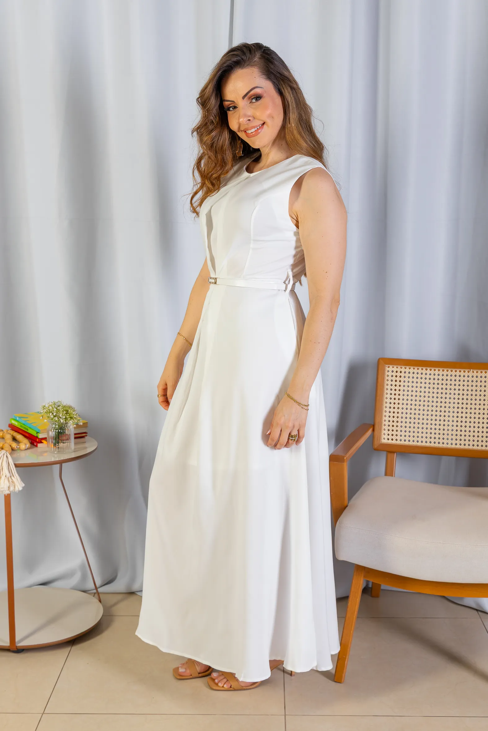 Vestido Longo Alfaiataria Detalhe Cinto Patrícia Poeta Branco - Image 4