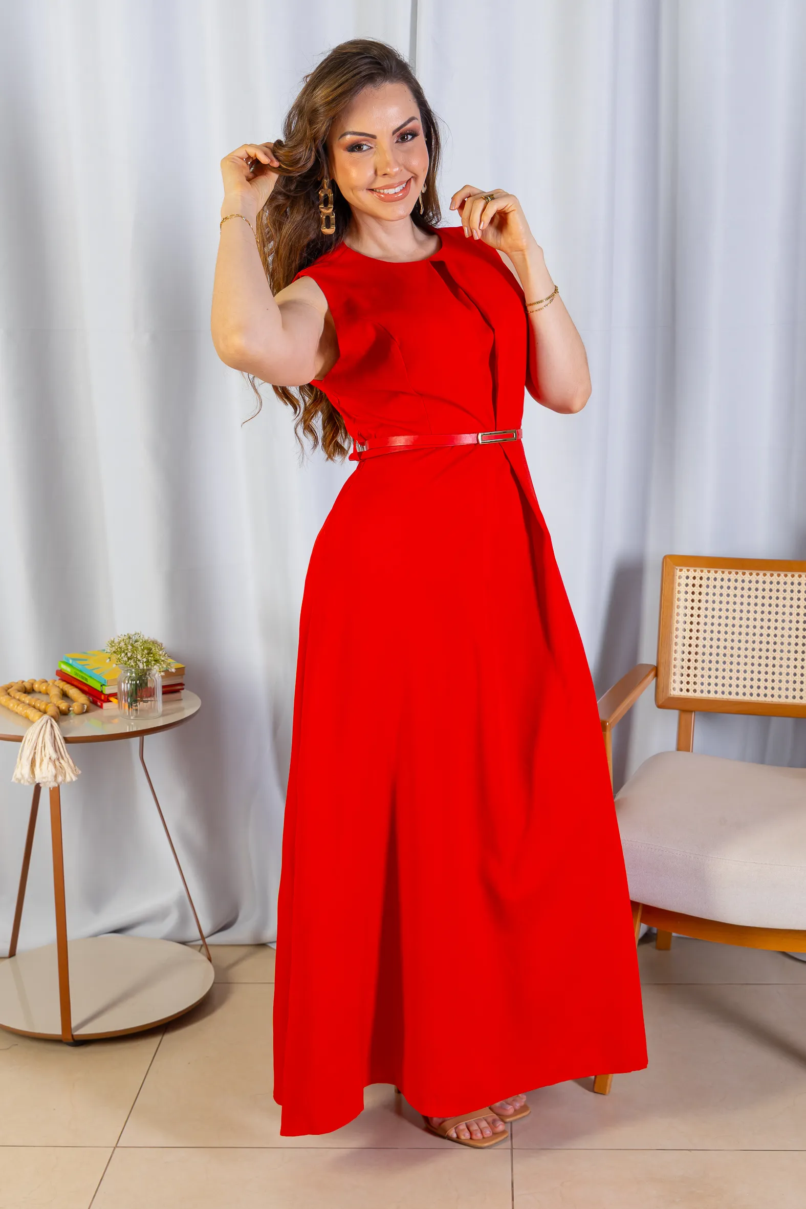 Vestido Longo Alfaiataria Detalhe Cinto Patrícia Poeta Vermelho - Image 15