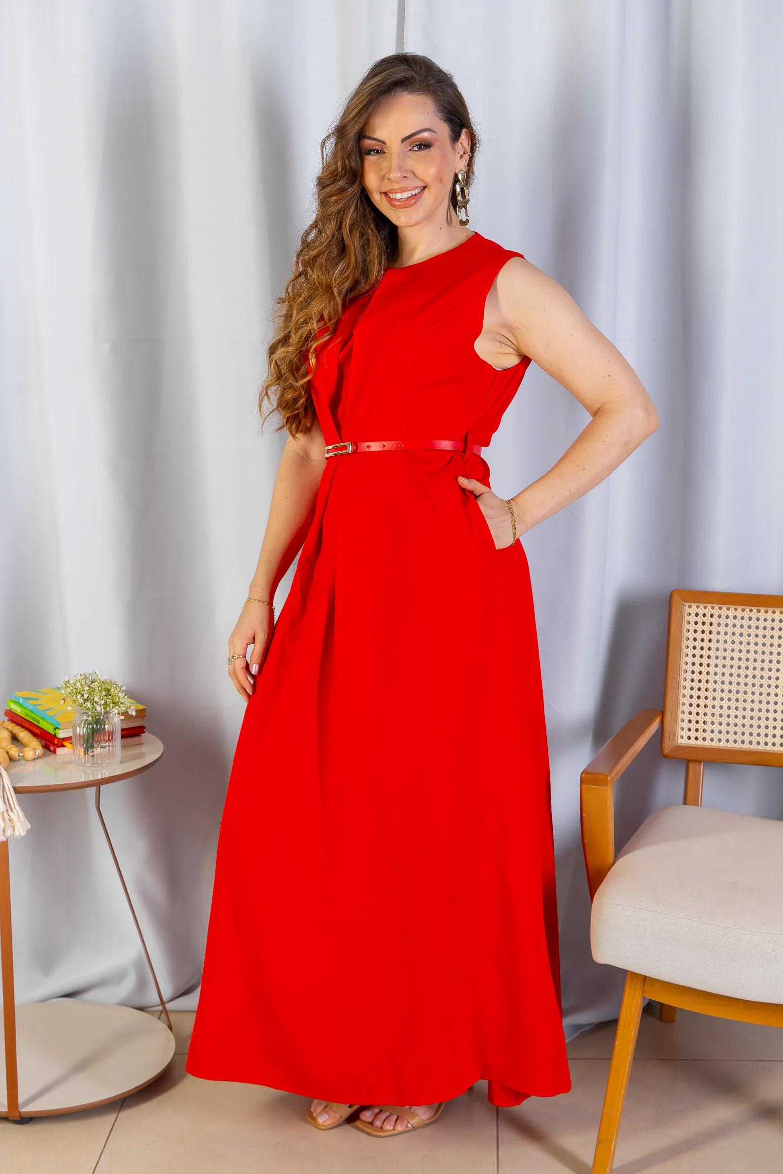 Vestido Longo Alfaiataria Detalhe Cinto Patrícia Poeta Vermelho - Image 4