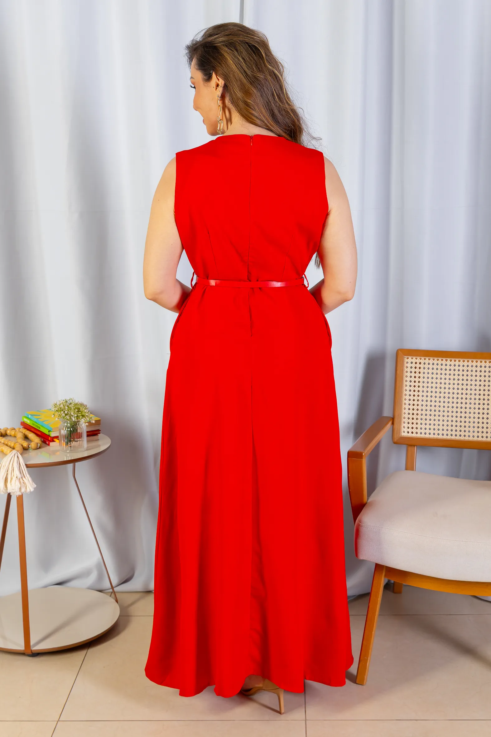 Vestido Longo Alfaiataria Detalhe Cinto Patrícia Poeta Vermelho - Image 5